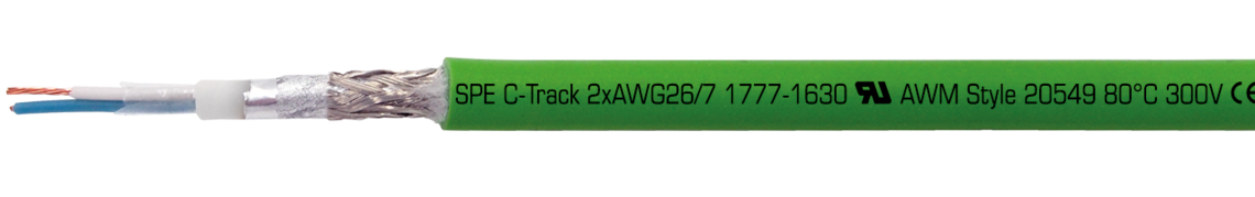 Marking for CATLine SPE C-Track: SAB BRÖCKSKES · D-VIERSEN · CATLine SPE C-Track 2xAWG26/7 1777-1630 UL AWM Style 20549 80°C 300V CE