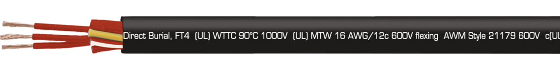 Marking example: SAB BRÖCKSKES · D-VIERSEN · TR 600 Auto red 16 AWG/12c 32111625 TFFN  (UL) Type TC-ER 90°C 600V, Oil Resistant I, Sunlight Resistant, Direct Burial, FT4  (UL) WTTC 90°C 1000V  (UL) MTW 16 AWG/12c 600V flexing  AWM Style 21179 600V  c(UL) Type CIC 90°C dry 600V FT1 FT2 FT4 CE