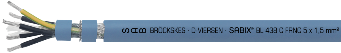 Marking for SABIX® BL 438 C FRNC 64380515: SAB BRÖCKSKES · D-VIERSEN ·
SABIX® BL 438 C FRNC 5 x 1,5mm² - IEC 60332-3-22 - 300/500V DNV CE and current meter marking