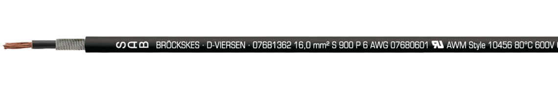 Marking example: SAB BRÖCKSKES · D-VIERSEN · 07681362 16,0 mm² S 900 P 6 AWG 07680601 UL AWM Style 10456 80°C 600V CSA AWM I/II A/B 80°C 600V FT1 FT2 CE