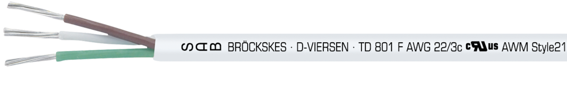 Marking example:
SAB BRÖCKSKES · D-VIERSEN · TD 801 F AWG 22/3c cULus AWM Style 21618 I/II A/B 150°C 600V FT1 FT2  3801-0322  CE