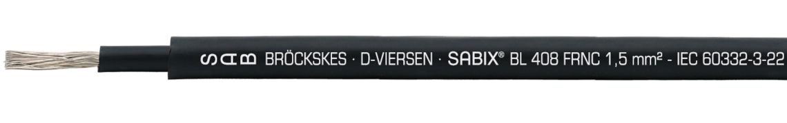 Marking for SABIX® BL 408 FRNC 64080182: SAB BRÖCKSKES · D-VIERSEN · SABIX® BL 408 FRNC 1,5mm² - IEC 60332-3-22 - 0,6/1kV DNV CE and current meter marking