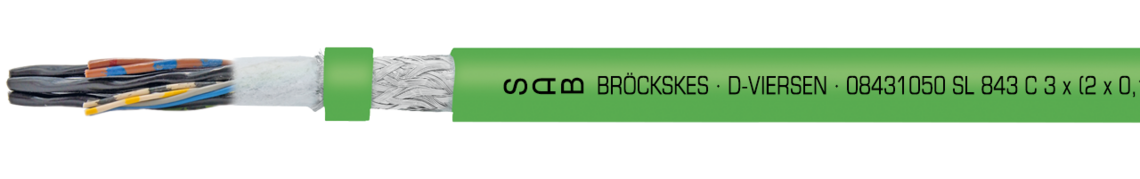 TPE/PUR transmission cable with overall copper screen Marking for SL 843 C 08431050: SAB BRÖCKSKES · D-VIERSEN · 08431050 SL 843 C 3 x (2 x 0,14 mm² D) + 4 x 0,22 mm² + 2 x 0,5mm² DESINA UL AWM-Style 20235 80°C 300V CSA AWM I/II A/B 80°C 300V FT1 CE