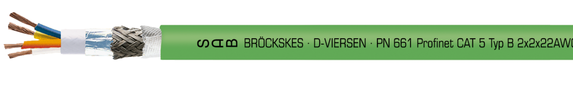 Marking for PN 661 06612202: SAB BRÖCKSKES · D-VIERSEN · PN 661 Profinet CAT 5 Typ B 2x2x22AWG UL AWM Style 21080 75°C 300V CE