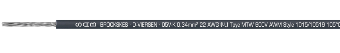 Marking example: SAB BRÖCKSKES · D-VIERSEN · 05V-K 0.34mm² 22 AWG (UL) Type MTW 600V AWM Style 1015/10519 105°C 600V CSA Type TEW 105°C 600V FT1 CE