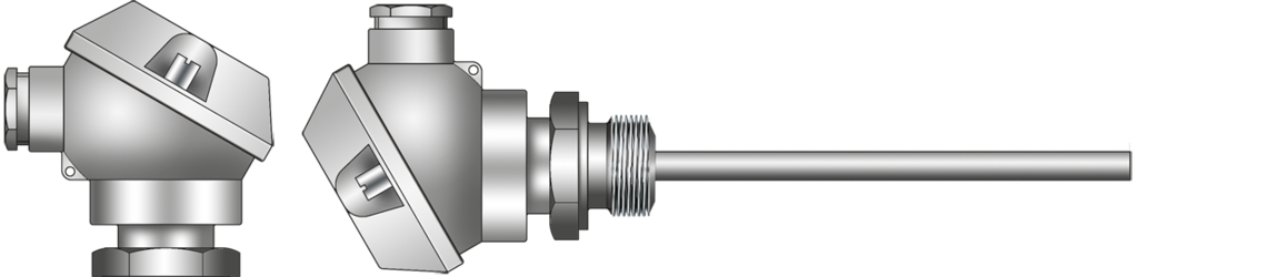 Mineral insulated resistance thermometer with connection head and thread