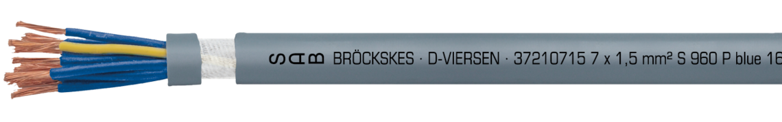 Marking example: SAB BRÖCKSKES · D-VIERSEN · 37210715 7 x 1,5 mm² S 960 P blue 16 AWG/7c 37211607 UL AWM Style 21060 80°C 600V CSA AWM I/II A/B 80°C 600V FT1 FT2 CE