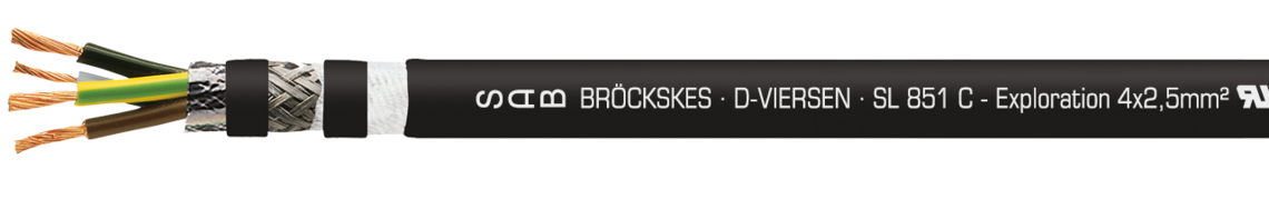 Marking example: SAB BRÖCKSKES · D-VIERSEN · SL 851 C - Exploration 4x2,5mm²  UL AWM Style 21223 80°C 1000V  cULus AWM I/II A/B 80°C 1000V FT1 FT2  C