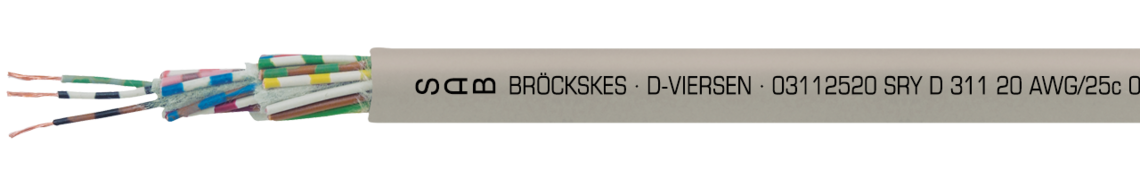 Marking example:
SAB BRÖCKSKES · D-VIERSEN · 03112520 SRY D 311 20 AWG/25c 03112025 UL AWM Style 2464 80°C 300V  CSA AWM I/II A/B 80°C 300V FT1 FT2 CE