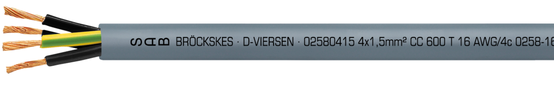Marking example: SAB BRÖCKSKES · D-VIERSEN · CC 600 T 8 AWG/5c 02580805 UL AWM Style 2586 105°C 600V CSA AWM I/II A/B 105°C 600V FT1 FT2 CE