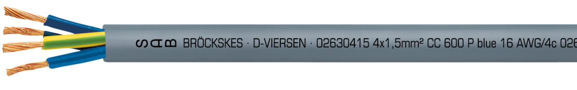 Marking for CC 600 P blue 02630510: SAB BRÖCKSKES · D-VIERSEN · 02630510 5 x 1,0 mm² CC 600 P blue 18 AWG/5c 02631805 UL AWM Style 21060 80°C 600V CSA AWM I/II A/B 80°C 600V FT1 FT2 CE