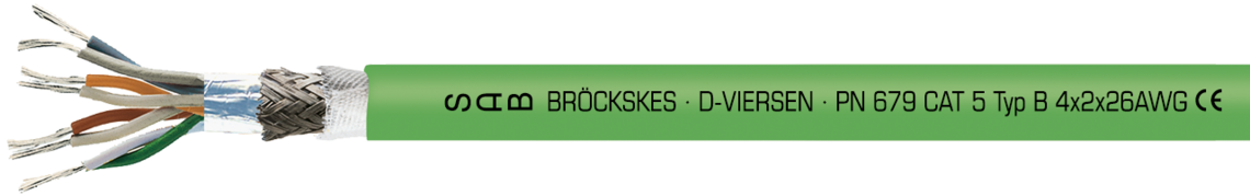 PUR Ethernet cable type B for flexible applications, twisted pairs Marking for PN 679 Type B 06792604: SAB BRÖCKSKES · D-VIERSEN · PN 679 CAT 5 Typ B 4x2x26AWG CE