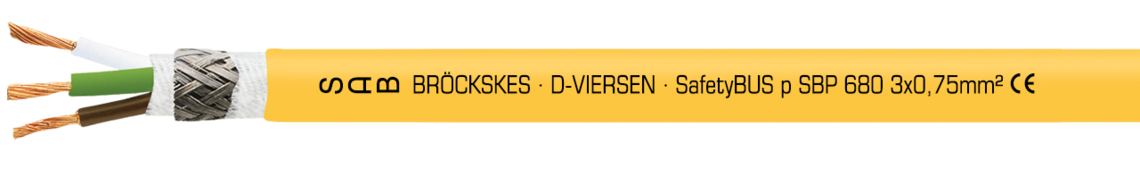 Marking for SBP 680 06803754: SAB BRÖCKSKES · D-VIERSEN · SafetyBUS p SBP 680 3 x 0,75 mm² CE and current meter marking from 1 m up to 999 m