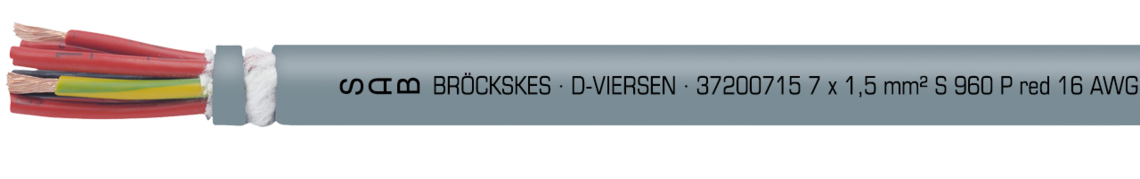 Marking for S 960 P red 37200715: SAB BRÖCKSKES · D-VIERSEN · 37200715 7 x 1,5 mm² S 960 P red 16 AWG/7c 37201607 UL AWM Style 21060 80°C 600V CSA AWM I/II A/B 80°C 600V FT1 FT2 CE