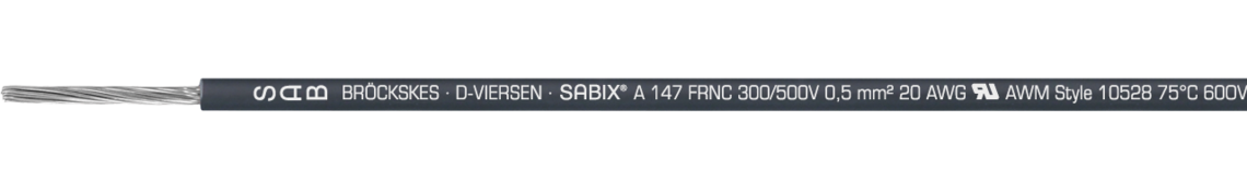 Marking for SABIX A 147 FRNC 61470150: SAB BRÖCKSKES · D-VIERSEN · SABIX A 147 FRNC 300/500V 0,5 mm² 20 AWG UL AWM Style 10528 75°C 60OV CE
