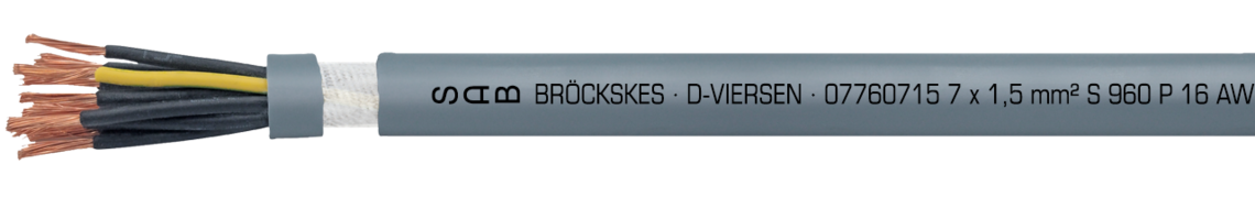 Marking for S 960 P 07760715: SAB BRÖCKSKES · D-VIERSEN · 07760715 7 x 1,5 mm² S 960 P 16 AWG/7c 07761607 UL AWM Style 21060 80°C 600V CSA AWM I/II A/B 80°C 600V FT1 FT2 CE