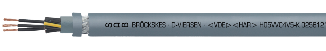 Marking example: SAB BRÖCKSKES · D-VIERSEN · <VDE> <HAR> H05VVC4V5-K 02561805 18G0,5mm² CC 600 World CY 20 AWG/18c 02562018 UL AWM Style 21216 90°C Oil 60°C 600V CSA AWM I/II A/B 90°C F 600V FT1 FT2 CE