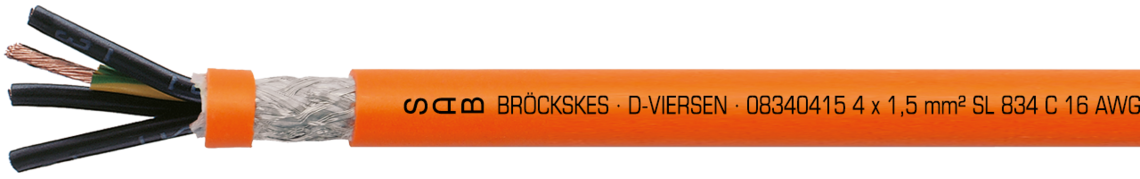 Marking for SL 834 C 08340415: SAB BBRÖCKSKES · D-VIERSEN · 08340415 4G1,5 mm² SL 834 C 16 AWG/4c 1000V 08341604 DESINA UL AWM Style 20235 80°C CSA AWM I/II A/B 80°C 1000V FT1 FT2 CE