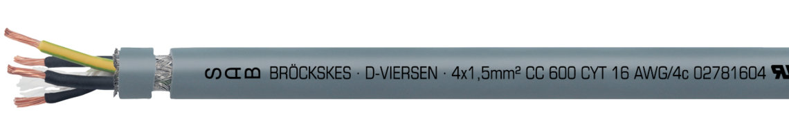 Marking for CC 600 CY T 02780804: SAB BRÖCKSKES · D-VIERSEN · CC 600 CY T 8 AWG/4c 027808504 UL AWM Style 2586 105°C 600V CSA AWM I/II A/B 105°C 600V FT1 FT2 CE