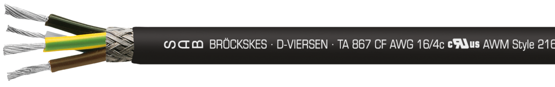 Marking for TA 867 CF 38670415:
SAB BRÖCKSKES · D-VIERSEN · TA 867 CF AWG 16/4c cULus AWM Style 21618 I/II A/B 150°C 600V FT1 FT2  3867-0415  CE