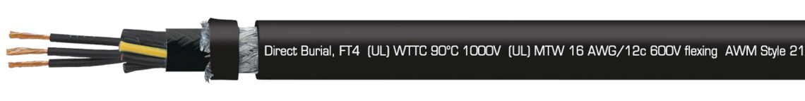 Marking example: SAB BRÖCKSKES · D-VIERSEN · TR 600 CY black 16 AWG/12c 32231612 TFFN  (UL) Type TC-ER 90°C 600V, Oil Resistant I, Sunlight Resistant, Direct Burial, FT4  (UL) WTTC 90°C 1000V  (UL) MTW 16 AWG/12c 600V flexing  AWM Style 21179 600V  c(UL) Type CIC SHIELDED 90°C dry 600V FT1 FT2 FT4 CE