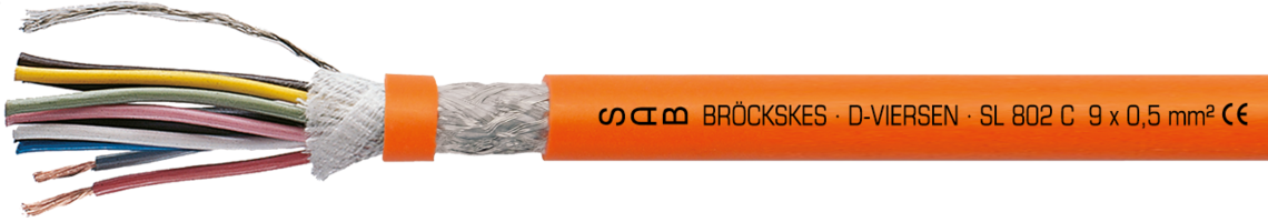 TPE/PUR feedback cable with overall copper screen Marking for SL 802 C 08020050: SAB BRÖCKSKES · D-VIERSEN · SL 802 C 9 x 0,5 mm² CE