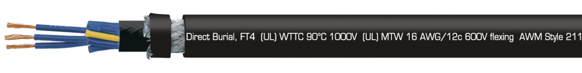 Marking example: SAB BRÖCKSKES · D-VIERSEN · TR 600 CY blue 16 AWG/12c 32211612 TFFN  (UL) Type TC-ER 90°C 600V, Oil Resistant I, Sunlight Resistant, Direct Burial, FT4  (UL) WTTC 90°C 1000V  (UL) MTW 16 AWG/12c 600V flexing  AWM Style 21179 600V  c(UL) Type CIC SHIELDED 90°C dry 600V FT1 FT2 FT4 CE
