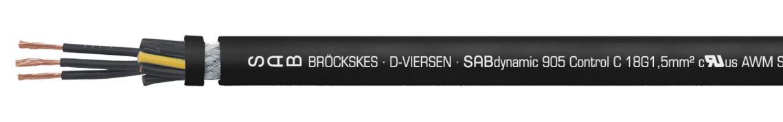 continuously flexible SABIX®/PUR power cable, robust, oil resistant and flame retardant
with numbered cores and overall copper screen SAB BRÖCKSKES · D-VIERSEN · SABdynamic 905 Control C 18G1,5mm² cULus AWM Style 21223 AWM I/II A/B 80°C 1000V FT1 FT2 0905-1815 CE