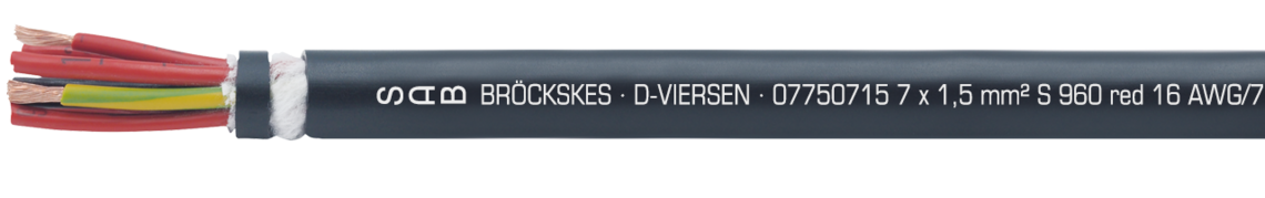 Marking for S 960 red 07751215: SAB BRÖCKSKES · D-VIERSEN · 07750715 7 x 1,5 mm² S 960 red 16 AWG/7c 07751607 UL AWM Style 2587 90°C 600V CSA AWM I/II A/B 90°C 600V FT1 FT2 CE