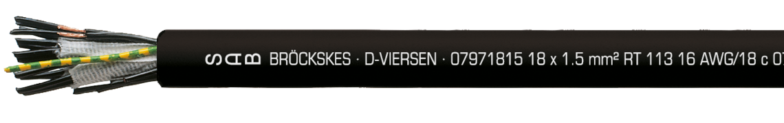Marking example: SAB BRÖCKSKES · D-VIERSEN · 07971815 18 x 1.5 mm² RT 113 16 AWG/18 c 07961618 UL AWM Style 21216 90°C Oil 60°C 600V CSA AWM I/II A/B 90°C F 600V FT1 FT2 CE