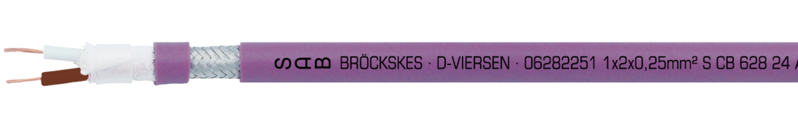 Marking example: SAB BRÖCKSKES · D-VIERSEN · 06282251 1 x 2 x 0.25 mm² S CB 628 24 AWG/1pr UL AWM Style 20233 80°C 300V CE