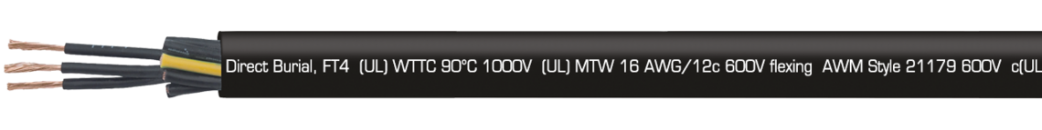 Marking example: SAB BRÖCKSKES · D-VIERSEN · TR 600 Auto black 16 AWG/12c 32121625 TFFN  (UL) Type TC-ER 90°C 600V, Oil Resistant I, Sunlight Resistant, Direct Burial, FT4  (UL) WTTC 90°C 1000V  (UL) MTW 16 AWG/12c 600V flexing  AWM Style 21179 600V  c(UL) Type CIC 90°C dry 600V FT1 FT2 FT4 CE
