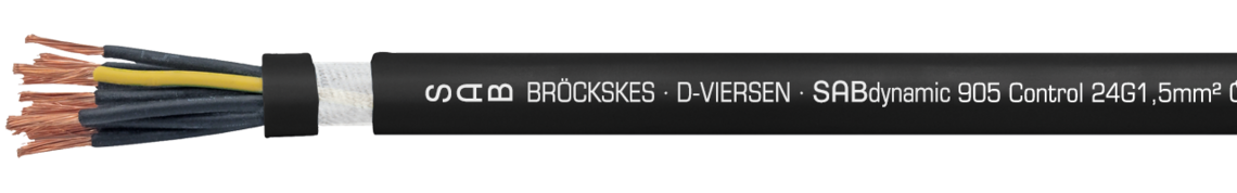 continuously flexible SABIX®/PUR power cable, robust, oil resistant and flame retardant
with numbered cores SAB BRÖCKSKES · D-VIERSEN · SABdynamic 905 Control 24G1,5mm² cULus AWM Style 21223 AWM I/II A/B 80°C 1000V FT1 FT2 0904-2415 CE