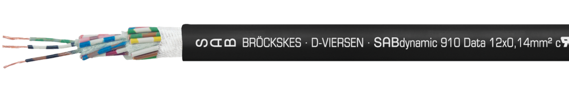 Marking example:
SAB BRÖCKSKES · D-VIERSEN · SABdynamic 910 Data 12x0,14mm² cURus AWM Style 20233 AWM I/II A/B 80°C 300V FT1 FT2 0910-1201  CE