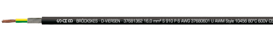 Marking for S 910 P 37681362:
SAB BRÖCKSKES · D-VIERSEN · 37681362 16,0 mm² S 910 P 6 AWG 37680601 UL AWM Style 10456 80°C 600V CSA AWM I/II A/B 80°C 1000V FT2 C