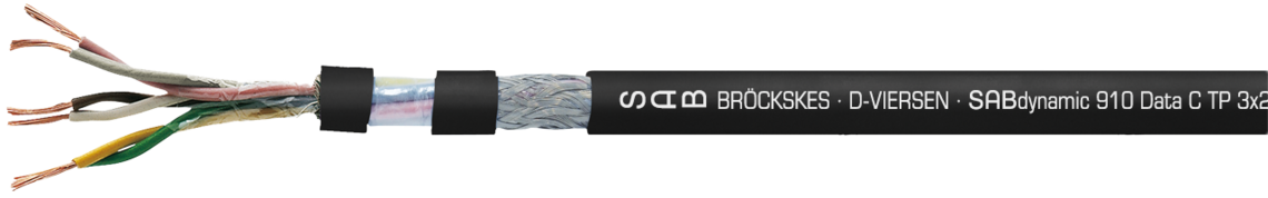 Continuously flexible paired SABIX®/PUR data cable, suitable for robots, robust, oil resistant and flame retardant with coloured cores and overall copper screen Marking example:
SAB BRÖCKSKES · D-VIERSEN · SABdynamic 910 Data 3x2x0,34mm² cULus AWM Style 20233 AWM I/II A/B 80°C 300V FT1 FT2 0911-0303 CE