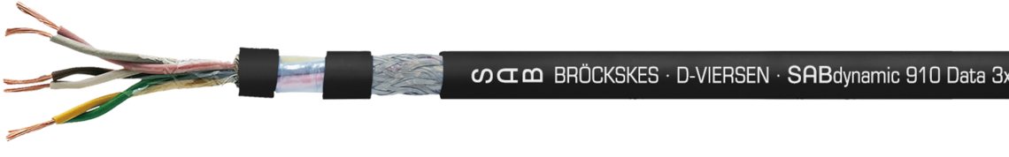 Continuously flexible paired SABIX®/PUR data cable, suitable for robots, robust, oil resistant and flame retardant with coloured cores and overall copper screen Marking example:
SAB BRÖCKSKES · D-VIERSEN · SABdynamic 910 Data 3x2x0,34mm² cULus AWM Style 21209 AWM I/II A/B 90°C 300V FT1 FT2 0911-0303 CE