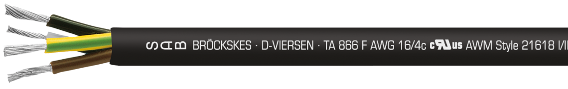 Marking for TA 866 F 38660415:
SAB BRÖCKSKES · D-VIERSEN · TA 866 F AWG 16/4c ULus AWM Style 21618 I/II A/B 150°C 600V FT1 FT2  3866-0415  CE