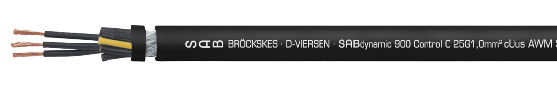 Continuously flexible SABIX®/PUR control cable, robust, oil resistant and flame retardant with numbered cores and overall copper screen Marking example:
SAB BRÖCKSKES · D-VIERSEN · SABdynamic 900 Control 25G1,0mm² cULus AWM Style 21223 AWM I/II A/B 80°C 600V FT1 FT2 0901-2510 CE