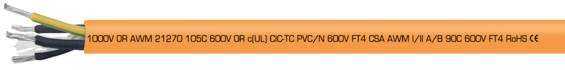 Marking example: SAB NORTH AMERICA TR 600 HD 16 AWG 4c P/N 32301604 (UL) TC-ER 90C DRY 75C WET 600V OIL RES I/II SUN RES DIR BUR OR WTTC 1000V OR AWM 21270 105C 600V OR c(UL) CIC-TC PVC/N 600V FT4 CSA AWM I/II A/B 90C 600V FT4 RoHS CE