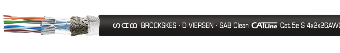 Industrial Ethernet CAT 5e Cable, suitable for cable tracks Marking for SABClean CATLine CAT 5e S:
SAB BRÖCKSKES · D-VIERSEN · SABClean Cat.5e S 4x2x26AWG 1577-9001 UL AWM Style 20549 80°C 300V CE RoHS and current meter marking