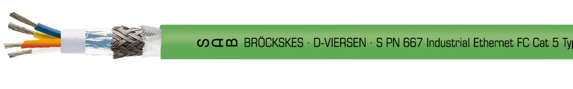 Marking for S PN 667 Ethernet: SAB BRÖCKSKES · D-VIERSEN · S PN 667 Industrial Ethernet FC Cat 5 Typ C 2x2x22AWG UL AWM Style 21198 80°C 300V CSA AWM I/II A/B 80°C 300V FT2 CE