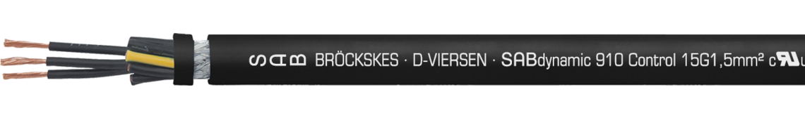 Marking example:
SAB BRÖCKSKES · D-VIERSEN · SABdynamic 910 Control 15G1,5mm² cULus AWM Style 21209 AWM I/II A/B 90°C 600V FT1 FT2 0911-1515 CE