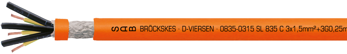 Marking example: SAB BRÖCKSKES · D-VIERSEN · 0835-0315 SL 835 C 3x1,5mm²+3G0,25mm² cULus AWM Style 21223 I/II A/B 80°C 1000V FT1 FT2 E172204 CE