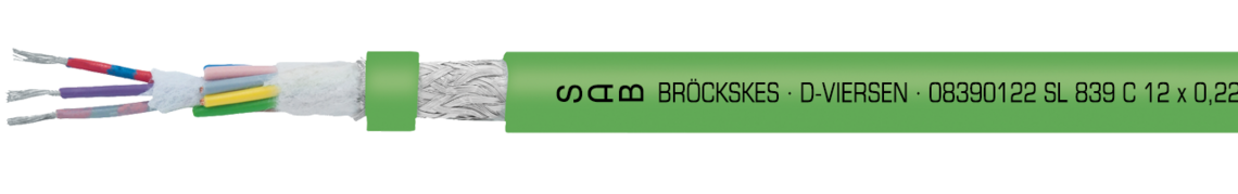 PUR transmission cable with overall copper screen Marking for SL 839 C 08390122: SAB BRÖCKSKES · D-VIERSEN · 08390122 SL 839 C 12 x 2 x 0,22 mm² UL AWM Style 20236 80°C 30V