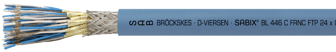 Marking example: SAB BRÖCKSKES · D-VIERSEN · 
SABIX® BL 446 C FRNC FTP 24x(2x0,75mm²)ST - IEC 60332-3-22 - 300V DNV CE and current meter marking