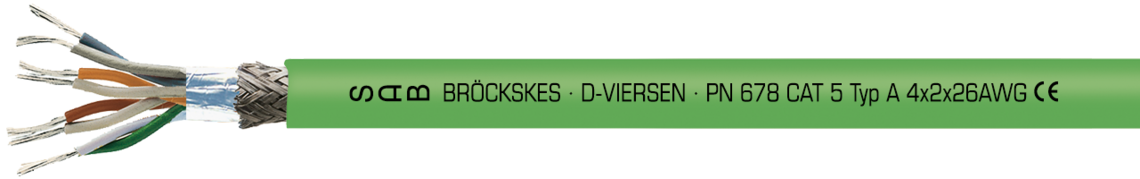 PVC Ethernet cable type A for fixed installation, twisted pairs Marking for PN 678 Type A 06782604: SAB BRÖCKSKES · D-VIERSEN · PN 678 CAT 5 Typ A 4x2x26AWG CE