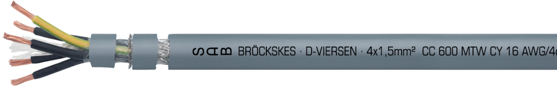 Marking example: SAB BRÖCKSKES · D-VIERSEN · 4 x 2,50 mm² CC 600 MTW CY 14 AWG/4c 35601404 (UL) Type MTW 600V AWM Style 21216 90°C Oil 60°C 600V CSA AWM I/II A/B 90°C 1000V FT1 FT2 CE