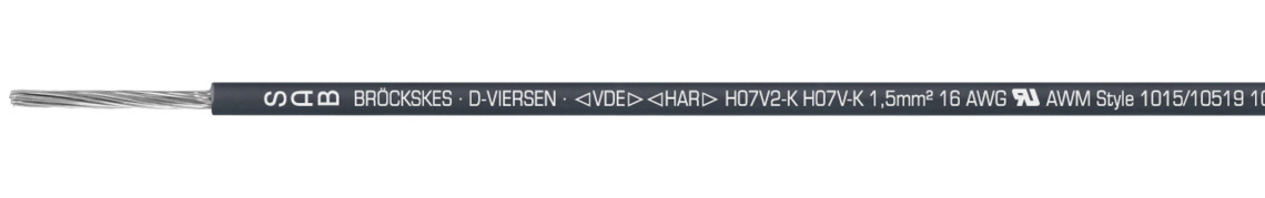 Marking for H07V2-K 31570182: SAB BRÖCKSKES · D-VIERSEN · < VDE > < HAR > H07V2-K H07V-K 1,5 mm² 16 AWG UL AWM Style 1015/10519 105°C 600V VW1 E172204 CSA Type TEW 105°C 600V FT1 LL104758 CE