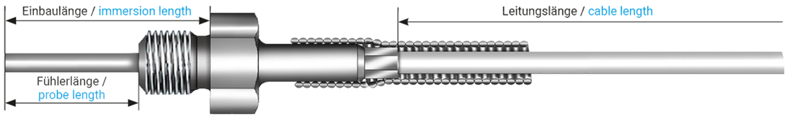 Screw-in resistance thermometer with Pt100 sensing element, e.g., with G1/2 or M6 thread